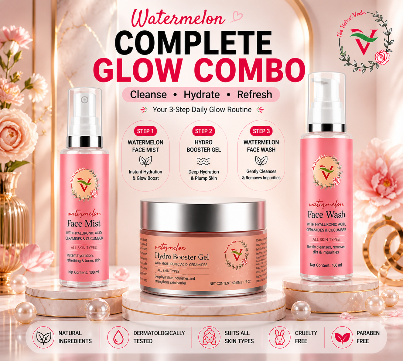 Glow Hydration Trio – 3 Step Skincare Combo (Face Wash + Gel + Mist)
