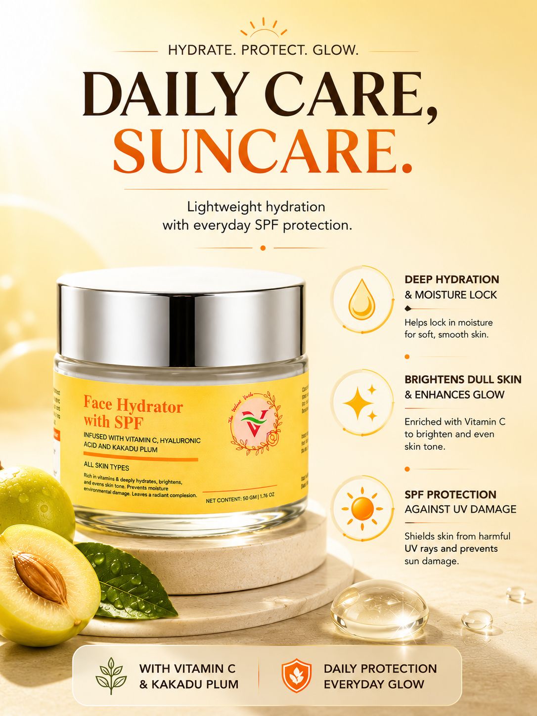 The Velvet Veils Face Hydrator with SPF | Vitamin C & Hyaluronic Acid Daily Moisturizer for Hydration, Glow & UV Protection (50g)