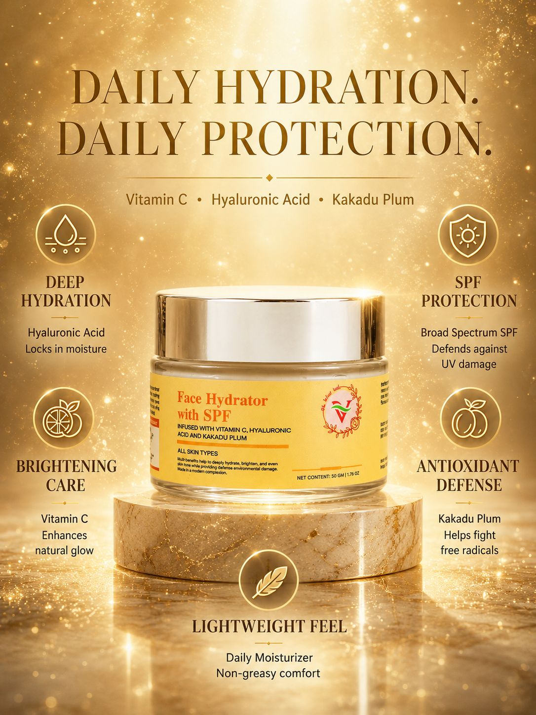 The Velvet Veils Face Hydrator with SPF | Vitamin C & Hyaluronic Acid Daily Moisturizer for Hydration, Glow & UV Protection (50g)