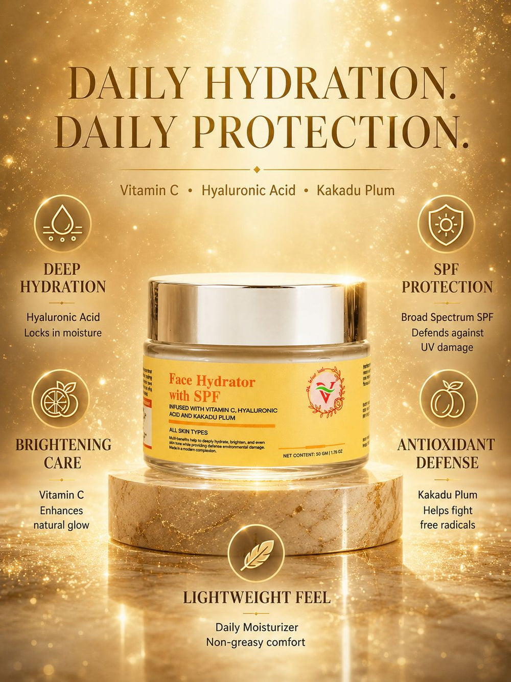 The Velvet Veils Face Hydrator with SPF | Vitamin C & Hyaluronic Acid Daily Moisturizer for Hydration, Glow & UV Protection (50g)